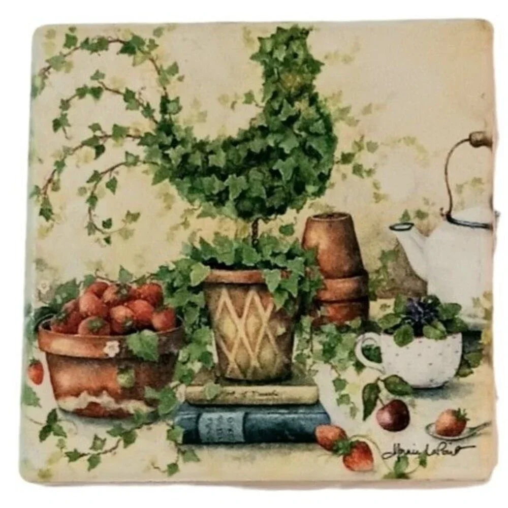 Coasters Rooster Topiary Cottagecore Farmhouse Cork Back Set Of Three Square